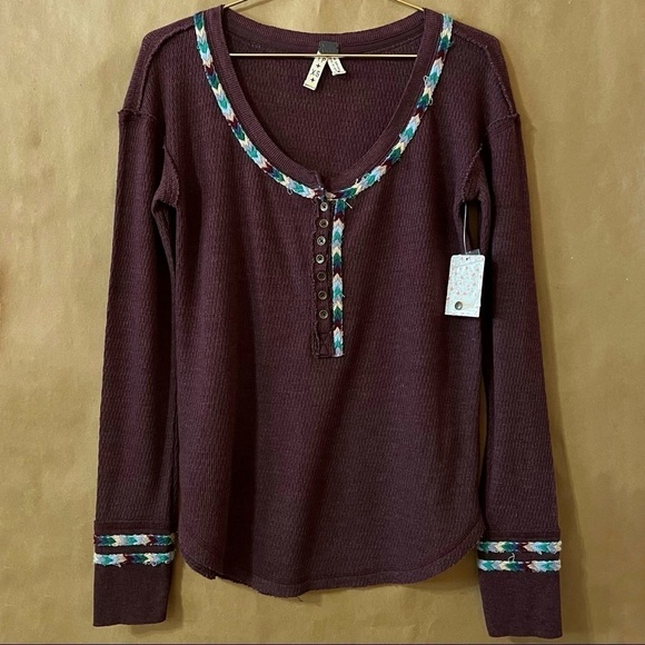 Free People Tops - Free People | NWT Rainbow Thermal Henley Tee Long Sleeve in Wine Size XS